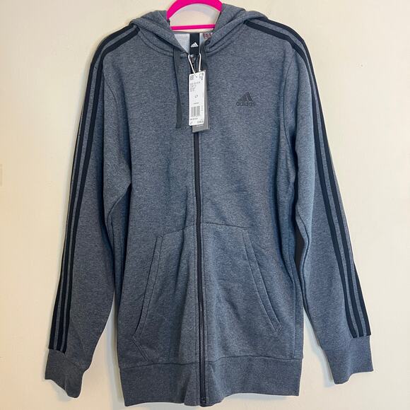Adidas Men’s Full Zip Fleece Jacket Size Large Tall Hooded Charcoal Gray NEW - Picture 2 of 7